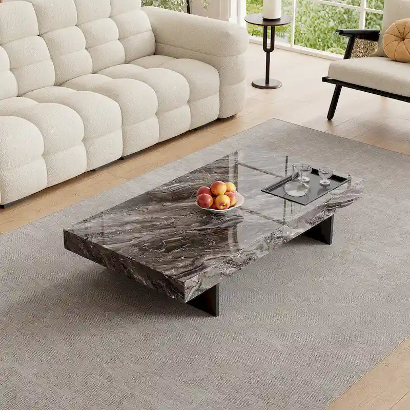 Modern 42-Inch Square Coffee Table with Glossy Sintered Stone Tabletop and Stainless Steel Legs