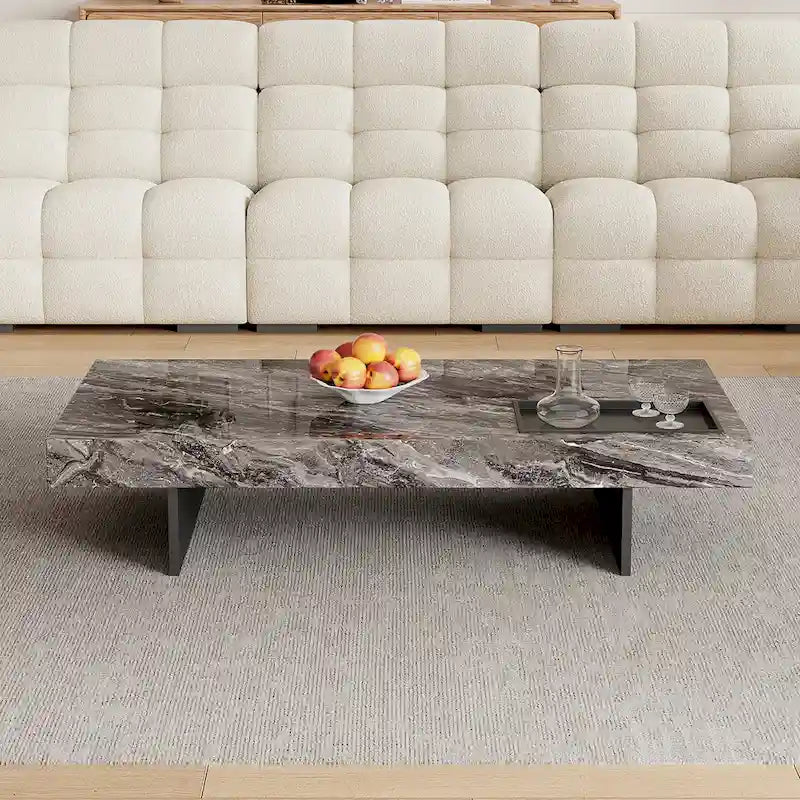Modern 42-Inch Square Coffee Table with Glossy Sintered Stone Tabletop and Stainless Steel Legs