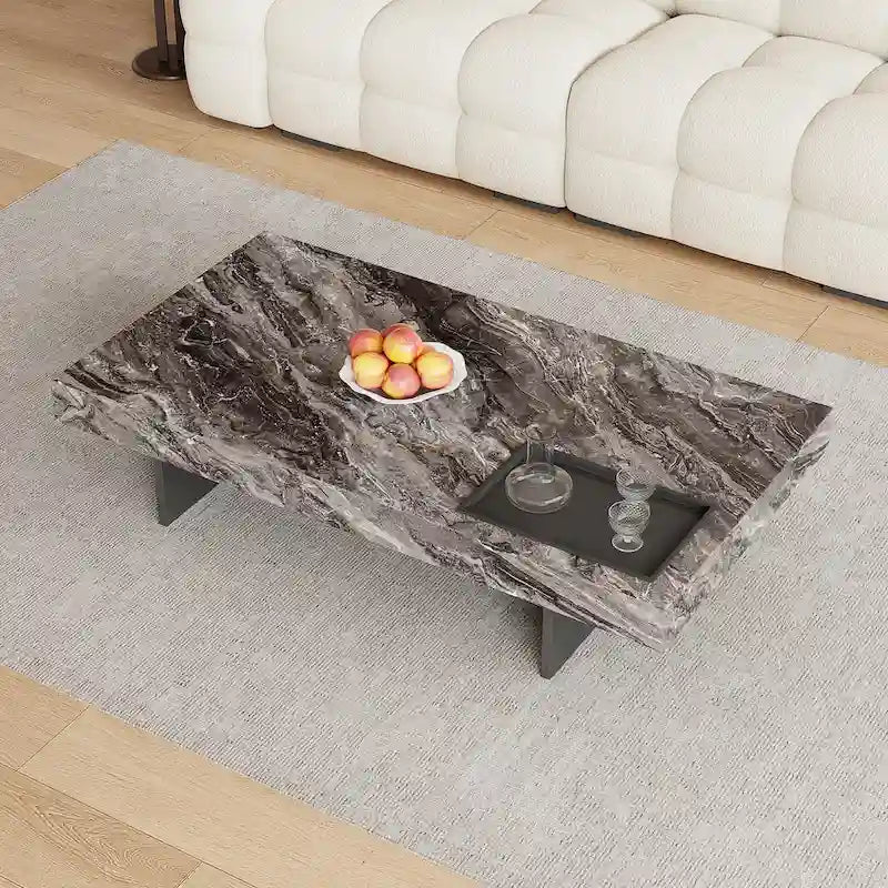 Modern 42-Inch Square Coffee Table with Glossy Sintered Stone Tabletop and Stainless Steel Legs
