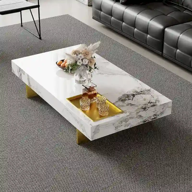 Modern 42-Inch Square Coffee Table with Glossy Sintered Stone Tabletop and Stainless Steel Legs