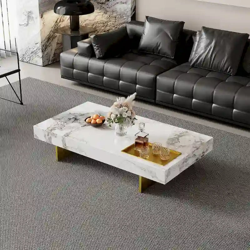 Modern 42-Inch Square Coffee Table with Glossy Sintered Stone Tabletop and Stainless Steel Legs