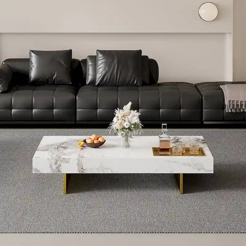 Modern 42-Inch Square Coffee Table with Glossy Sintered Stone Tabletop and Stainless Steel Legs