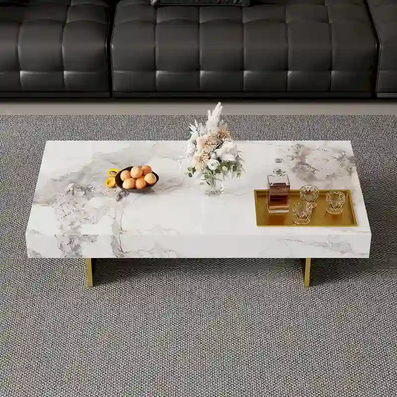Modern 42-Inch Square Coffee Table with Glossy Sintered Stone Tabletop and Stainless Steel Legs