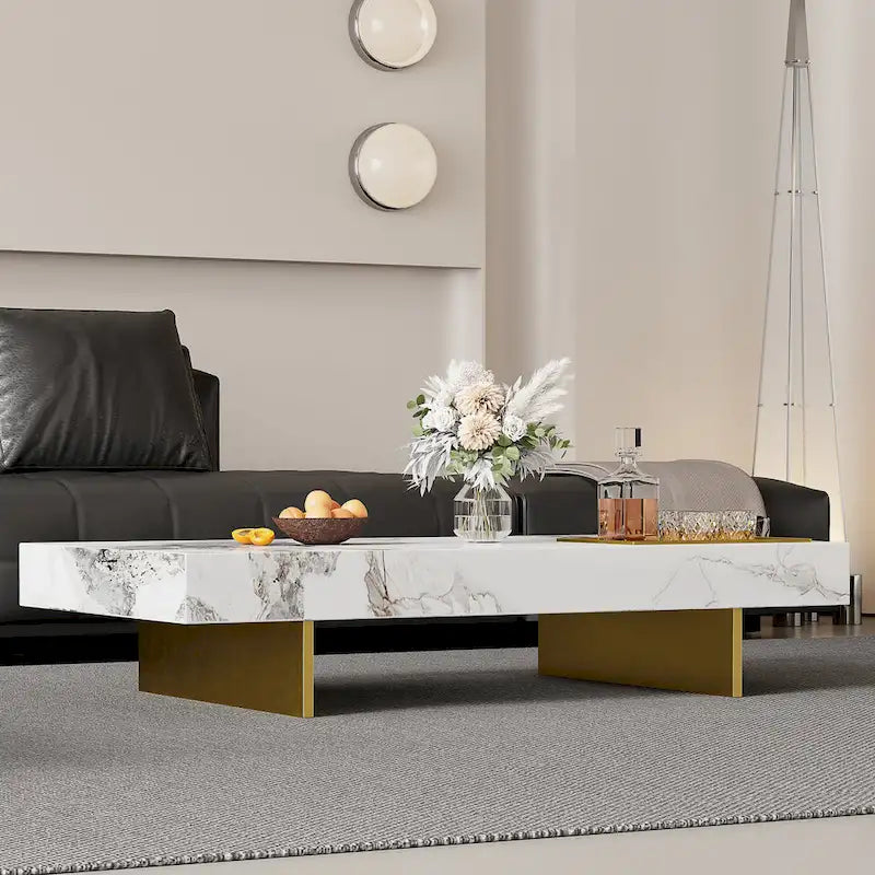 Modern 42-Inch Square Coffee Table with Glossy Sintered Stone Tabletop and Stainless Steel Legs