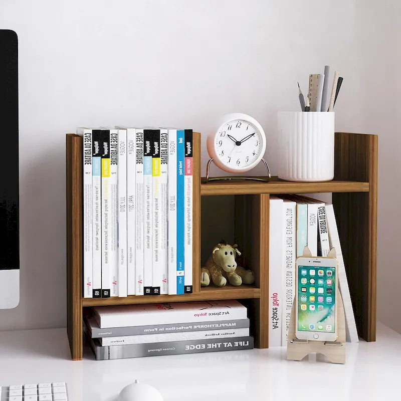 Natural Wood Desktop Organizer Shelf with Adjustable Storage