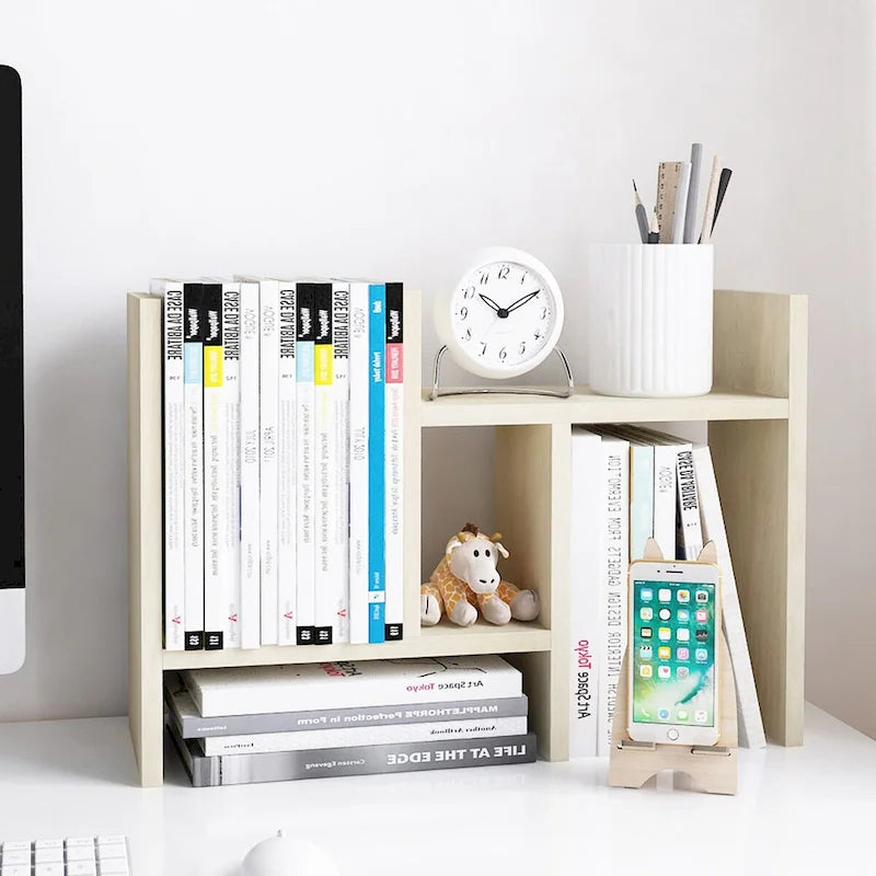 Natural Wood Desktop Organizer Shelf with Adjustable Storage