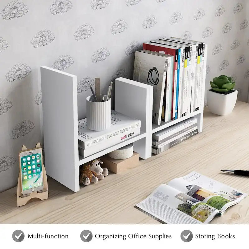 Natural Wood Desktop Organizer Shelf with Adjustable Storage