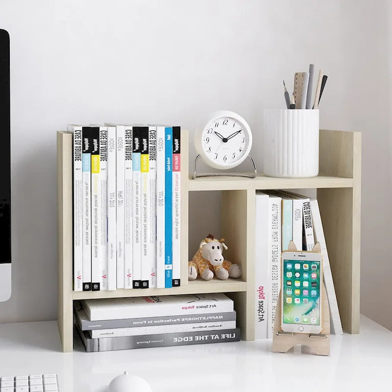 Natural Wood Desktop Organizer Shelf with Adjustable Storage