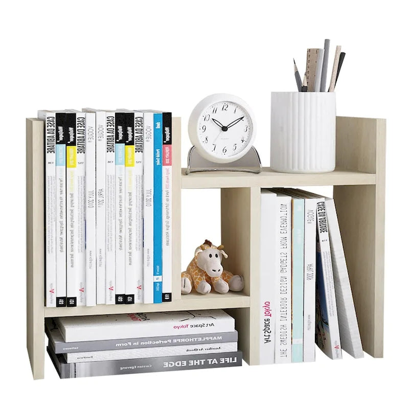 Natural Wood Desktop Organizer Shelf with Adjustable Storage