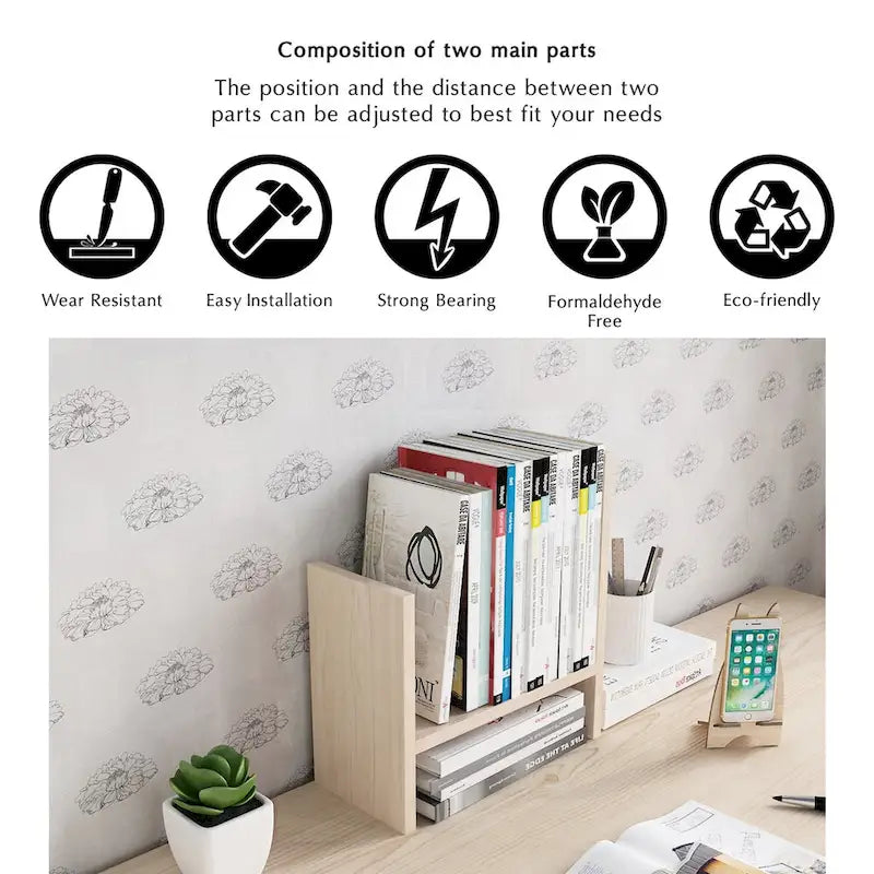 Natural Wood Desktop Organizer Shelf with Adjustable Storage