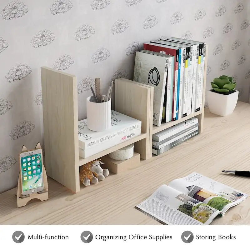 Natural Wood Desktop Organizer Shelf with Adjustable Storage