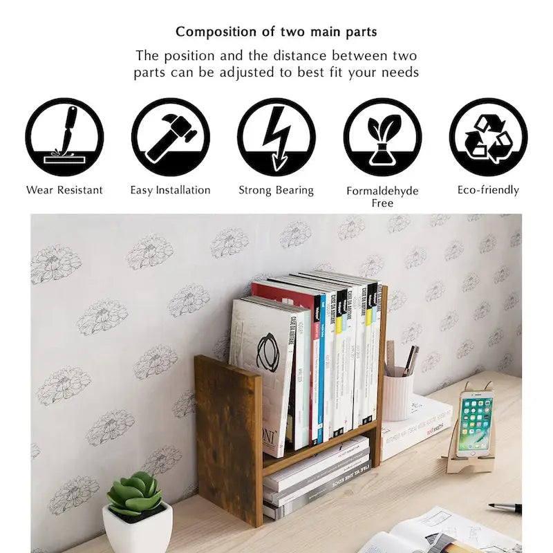 Natural Wood Desktop Organizer Shelf with Adjustable Storage