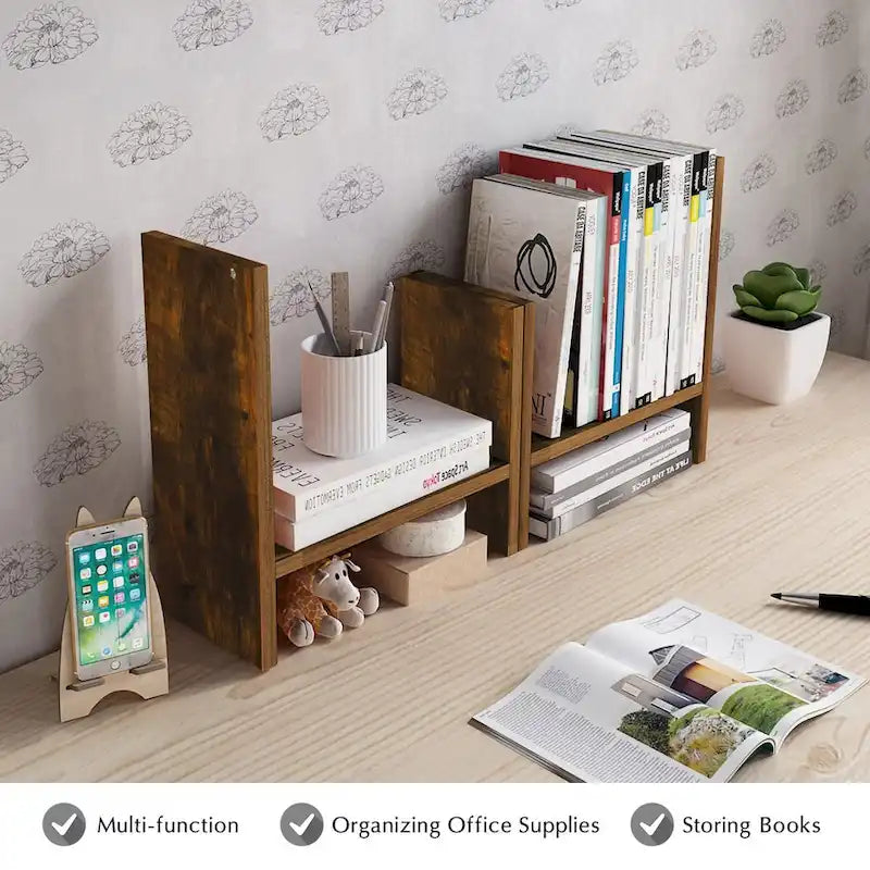 Natural Wood Desktop Organizer Shelf with Adjustable Storage