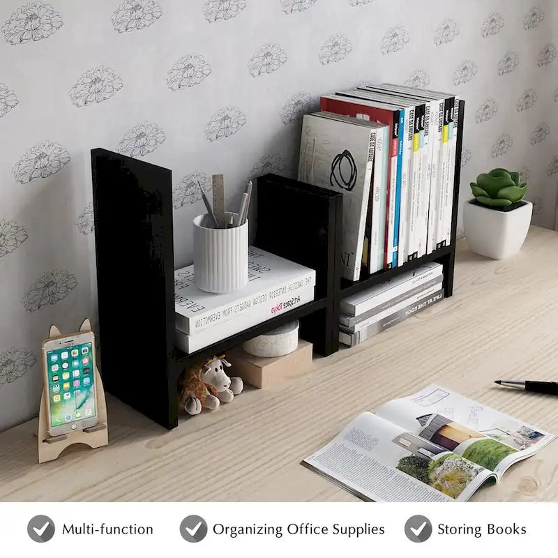Natural Wood Desktop Organizer Shelf with Adjustable Storage