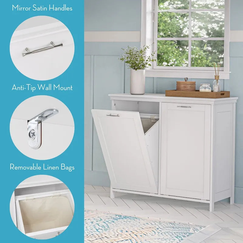 Double Tilt-Out Laundry Hamper Cabinet with Removable Cloth Bags - White