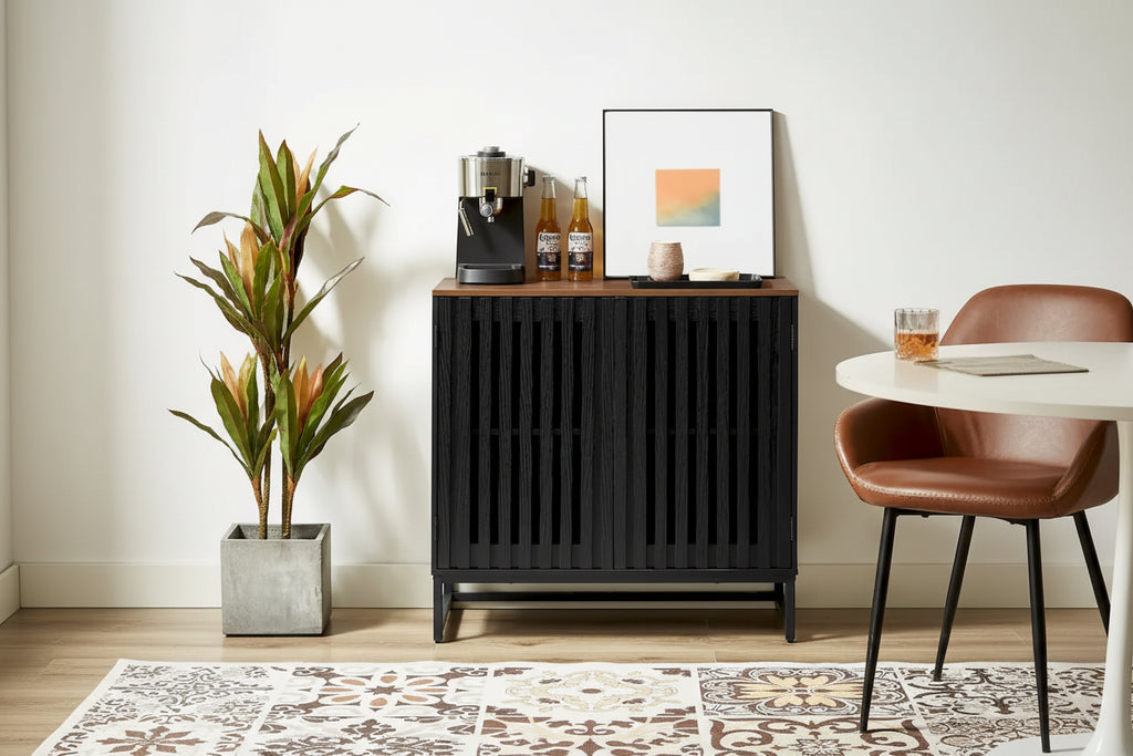 Vintage Slatted Striped Storage Cabinet with Adjustable Shelf