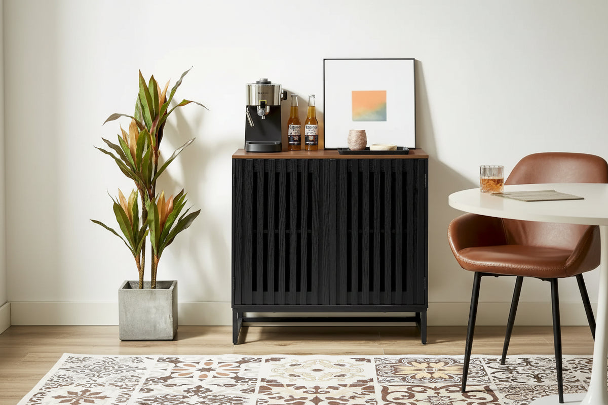 Vintage Slatted Striped Storage Cabinet with Adjustable Shelf