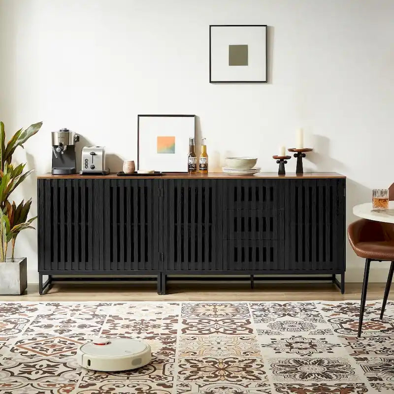 Vintage Slatted Striped Storage Cabinet with Adjustable Shelf